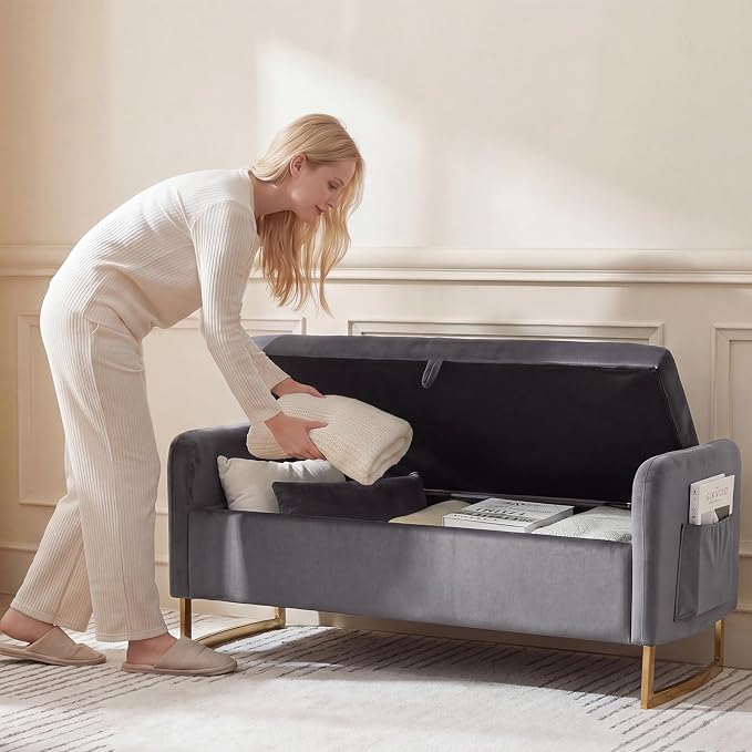 48" End of Bed Bench, Modern Storage Benches with Button-Tufted, Velvet Upholstered Storage Ottoman Bench for Foot of Bed with Arms, Gold Legs Window and Entryway, Dark Grey