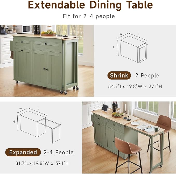 ONBRILL Kitchen Islands with Extendable Dining Table, 81.7" Mobile Kitchen Storage Islands, Rolling Kitchen Cart with Trash Cabinet, Power Outlet, Spice Rack & Towel Rack, Green