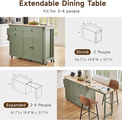 ONBRILL Kitchen Islands with Extendable Dining Table, 81.7" Mobile Kitchen Storage Islands, Rolling Kitchen Cart with Trash Cabinet, Power Outlet, Spice Rack & Towel Rack, Green
