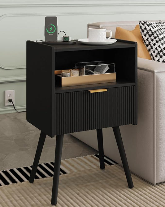 Veegle Nightstand,Modern Bedside Table with Storage Drawer and Open Wood Shelf, Accent Night Stand with Solid Wood Legs for Living Room, Bedroom and Small Spaces,Easy Assembly (Black-Outlet)