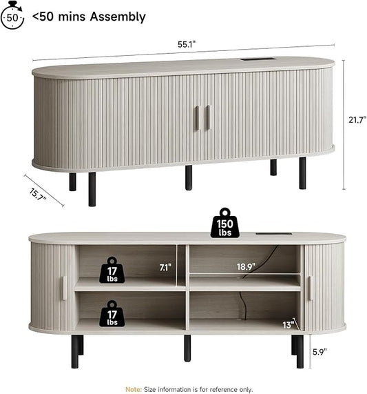 ONBRILL 55" TV Stand with Power Outlet for TVs up to 60 Inch, Entertainment Center with Storage and Adjustable Shelves, Modern Media Console with Sliding Doors for Living Room, Natural White