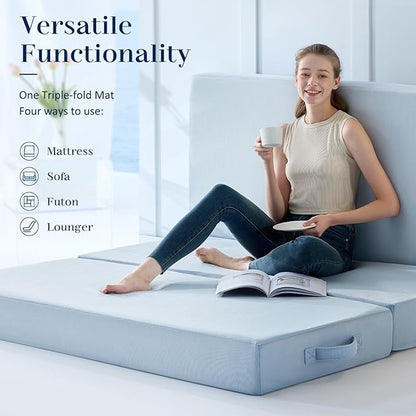 Lazyzizi Cooling Folding Mattress,6 Inch Foldable Mattress with Memory Foam Cold & Breathable Fabric Cover,Trifold Floor Guest Murphy Bed for Camping, RV
