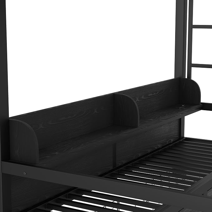 Bellemave Bunk Bed Twin XL Over Twin XL，Metal Bunk beds with Storage Shelves and Drawers USB Ports and LED Lights, Lower Bed That can be Converted into a Sofa, Black
