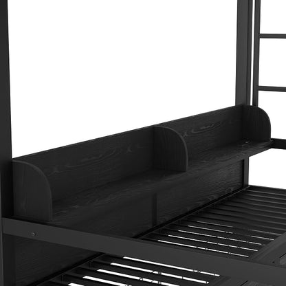 Bellemave Bunk Bed Twin XL Over Twin XL，Metal Bunk beds with Storage Shelves and Drawers USB Ports and LED Lights, Lower Bed That can be Converted into a Sofa, Black