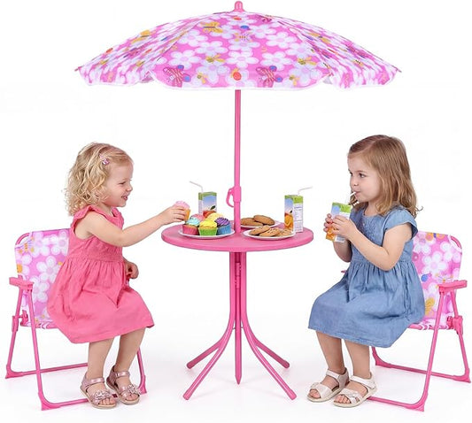 Costzon Kids Picnic Table, Kids Outdoor Table with 2 Folding Chairs, Height Adjustable Umbrella, Portable Children Outdoor Furniture for Patio, Garden, Backyard (Pink Flowers)