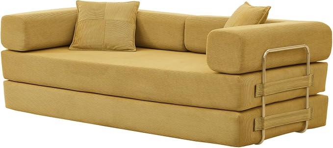HANXIN 78 Inch Convertible Sleeper Sofa Bed, Folding Floor Mattress Couch with Fixed-Shape Frame, Futon Boneless Couch Lounge Loveseat with Pull Out Bed, No Assembly Required (Yellow)