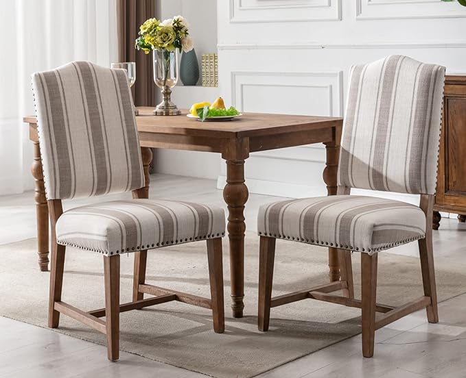 Ealson Mid Century Modern Dining Chairs Set of 2 High Back Padded Parson Chairs with Wood Legs and Nailhead Trim in Linen Brown Stripe