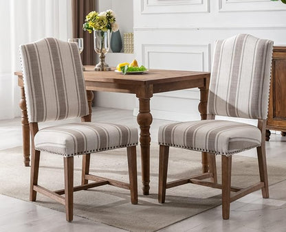 Ealson Mid Century Modern Dining Chairs Set of 2 High Back Padded Parson Chairs with Wood Legs and Nailhead Trim in Linen Brown Stripe