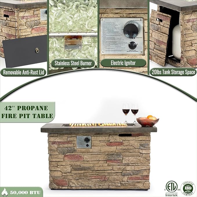 42" Propane Gas Fire Pit Table, 50,000 BTU Rectangular Concrete Outdoor Fire Pit with Lid & Glass Beads for Patio, Deck, Backyard & Garden, Beigie Multi