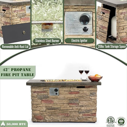 42" Propane Gas Fire Pit Table, 50,000 BTU Rectangular Concrete Outdoor Fire Pit with Lid & Glass Beads for Patio, Deck, Backyard & Garden, Beigie Multi