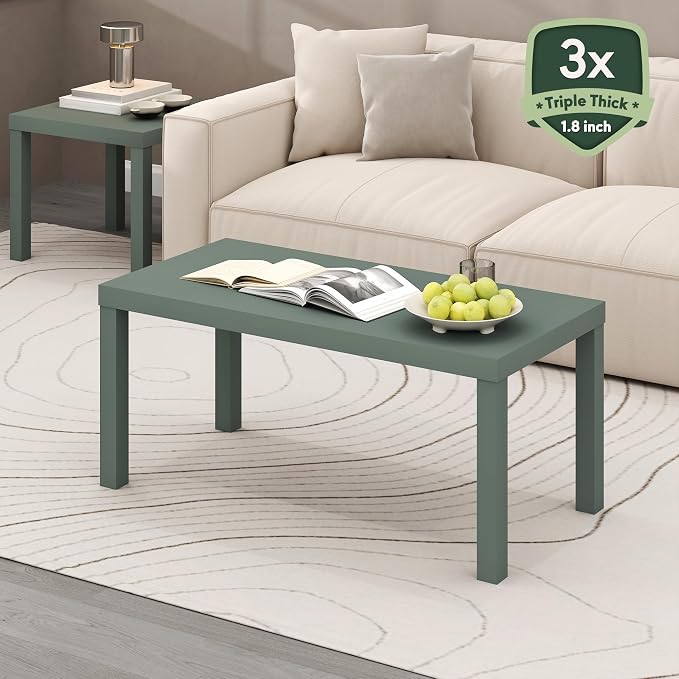 Furinno Classic Coffee Table, Modern Rectangle Printer Stand, Sage Green | 1.8" Triple Thick Tabletop, Toolless Assembly, Side Table, for Living Room, Home Office