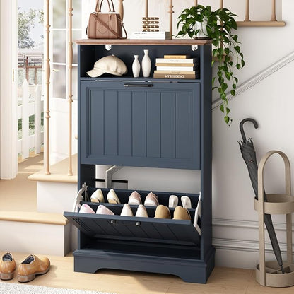 Shoe Storage Cabinet with 2 Flip Drawers, 24" W Farmhouse Modern Hidden Shoes Rack with Adjustable Shelves & Open Storage, Narrow Slim Shoe Organizer for Front Door Entrance, Entryway, Navy Blue