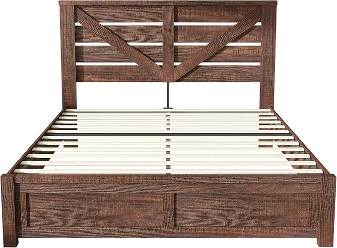 AMERLIFE Full Size Bed Frame with 49.2" Barn Door Headboard and Footboard, Rustic Farmhouse Platform Bed Frame with Wood Slats, No Box Spring Needed, Under Bed Storage, Reclaimed Barnwood