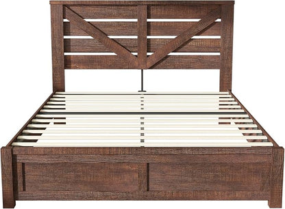 AMERLIFE Full Size Bed Frame with 49.2" Barn Door Headboard and Footboard, Rustic Farmhouse Platform Bed Frame with Wood Slats, No Box Spring Needed, Under Bed Storage, Reclaimed Barnwood