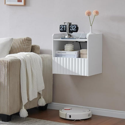 BuildHom Modern Fluted Floating Nightstand Wall Mounted - Bedside Table with Storage Drawer & Display Shelf, Minimalist Bedroom Furniture for Studio Apartments (Matte White)