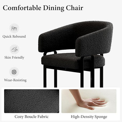 Modern Barrel Dining Chairs Set of 4, Black Boucle Kitchen Chairs with U-Shaped Stainless Steel Legs, Armchair with Open Back for Living Room Bedroom Makeup Room