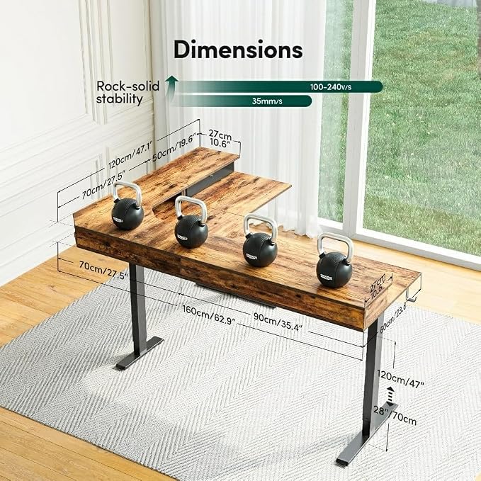 CubiCubi 63x48 Inches L Shaped Standing Desk with 3 Drawers and Monitor Shelf, Height Adjustable Corner Computer Desk with Hooks, Sit Stand Up Ergonomic Home Office Workstation Table, Rustic Brown