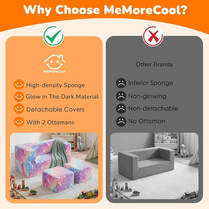 MeMoreCool Glow in the Dark Kids Couch – Modular Fold-Out Toddler Sofa (Rainbow) | Convertible Play Couch for Bedroom & Playroom; Chair, Bed, Fort or Ball Pit; Machine-Washable Velour Cover