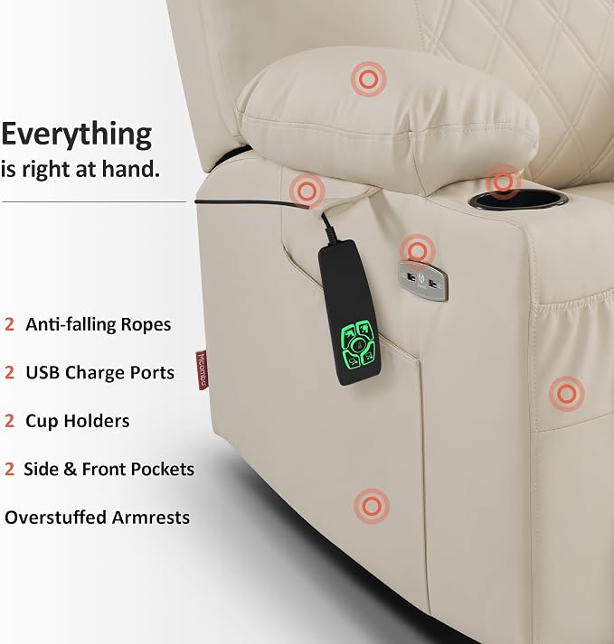 MCombo Small Power Lift Recliner Chair Sofa with Massage and Dual Heating, Adjustable Headrest for Elderly People Petite, USB Ports, Faux Leather 7111 (Cream White)