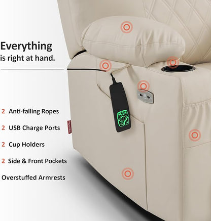 MCombo Small Power Lift Recliner Chair Sofa with Massage and Dual Heating, Adjustable Headrest for Elderly People Petite, USB Ports, Faux Leather 7111 (Cream White)