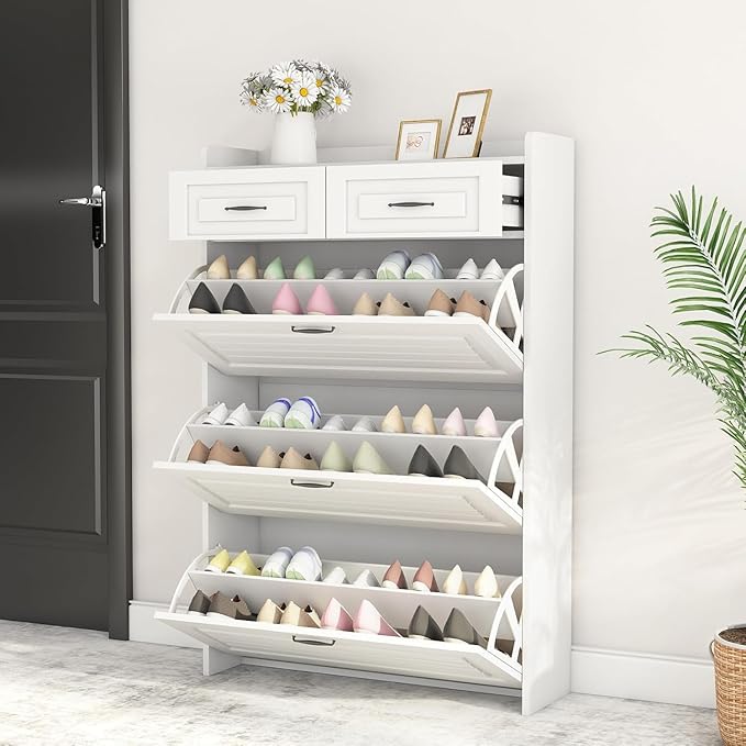 Shoe Cabinet Storage for Entryway with 3 Large Flip Drawers & 2 Storage Drawers, Narrow Shoe Organizer Cabinet Fits for Kinds of Shoes, Slim Shoe Storage Cabinet for Entryway, Hallway, Living room