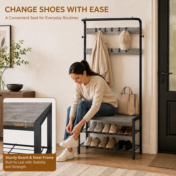 Simple Deluxe 4-in-1 Entryway Coat Rack, Hall Tree with Bench and Shoe Storage, Mudroom Bench with Storage and 10 Hooks Hall Tree Organizer for Entryway, Bedroom, Grey