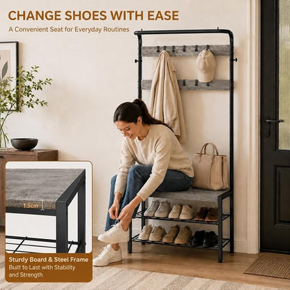 Simple Deluxe 4-in-1 Entryway Coat Rack, Hall Tree with Bench and Shoe Storage, Mudroom Bench with Storage and 10 Hooks Hall Tree Organizer for Entryway, Bedroom, Grey