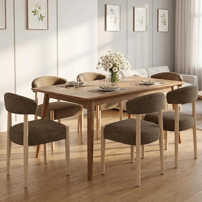 VKNOW Wooden Dining Chairs Set of 6 with Curved Open Back, Dark Brown | Natural Rubberwood Legs, Soft Chenille Fabric, Thickened Cushion, For Adults and Family, Dining Room, Kitchen, No Wobble