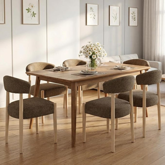 VKNOW Wooden Dining Chairs Set of 6 with Curved Open Back, Dark Brown | Natural Rubberwood Legs, Soft Chenille Fabric, Thickened Cushion, For Adults and Family, Dining Room, Kitchen, No Wobble