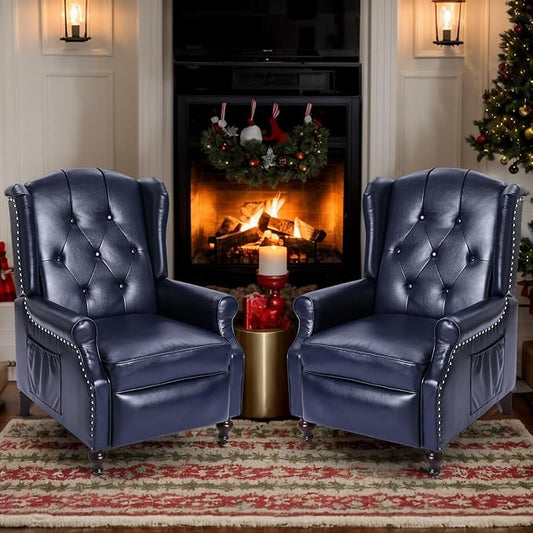 Wingback Recliner Chair with Massage and Heat PU Leather Push Back Arm Chair, Recliner Chair for Living Room Bedroom Home Theater (2, Navy Blue)