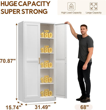 UNICOLY 71" Kitchen Pantry Cabinet, Pantry Storage Cabinet with Doors and 4 Shelves, Metal Storage Cabinets for Kitchens, Living Room, Dinning Room, Assembly Required, White