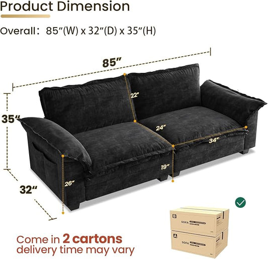 KKL 89 Inch Modular Sectional Sofa, 2 Seater Loveseat Cloud Couch with Deep Seat, Chenille Sectional Couches for Living Room, Apartment, Black