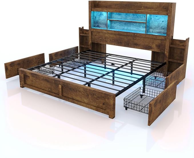 LUXOAK California King Bed Frame with 49.6" Bookcase Headboard & 2 Bedside Stoage Racks & 4 Drawers, Farmhouse Wood Bed Frame with RGB LED & Charging Station, No Box Spring Needed, Rustic Brown