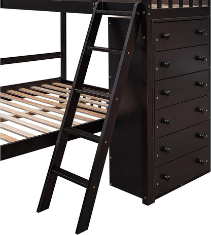 Ball & Cast Wooden Twin Over Full Bunk Bed with 6 Drawers & Flexible Shelves,Bottom Bedframe W/Wheel,Easy Assembly,Space Saving,Versatile Storage Furniture for Boy Girl Teen Compact Bedroom,Espresso