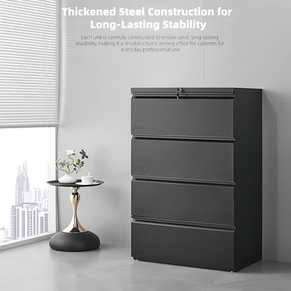 Approgreent Lateral 4 Drawer File Cabient with Lock, Metal Filing Cabinets for Home Office, Heavty Duty Office Storage Cabinet for A4/Letter/Legal (Matte Black)