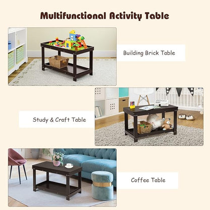 Costzon 2 in 1 Kids Activity Table w/Storage, Patented Building Block Table w/Board for Bricks Crafts Arts Draw, Children Solid Wood Play Table Desk for Preschool Toddler Boy & Girl Gift, Espresso