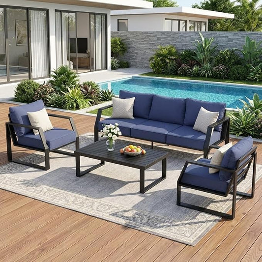 Oversized Modern Outdoor Patio Furniture Set with 5" Thick Cushions, Deep Seats & Wide Armrests, Comfortable Aluminum All-Weather Rustproof UV-Resistant Frame, 5-Seater for Garden, Backyard, Poolside