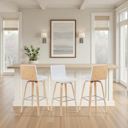 Vienna Modern Swivel Bar Height Stool with White Faux Leather Seat and Patterned Oak Wood Frame Set of 2
