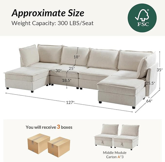 HULALA HOME 127'' Modular Sectional Sofa, Oversized U Shaped Couch with Storage Ottoman, Comfy Chenille Sofa with Deep Seat, 6 Seat Convertible Couches for Living Room, Beige