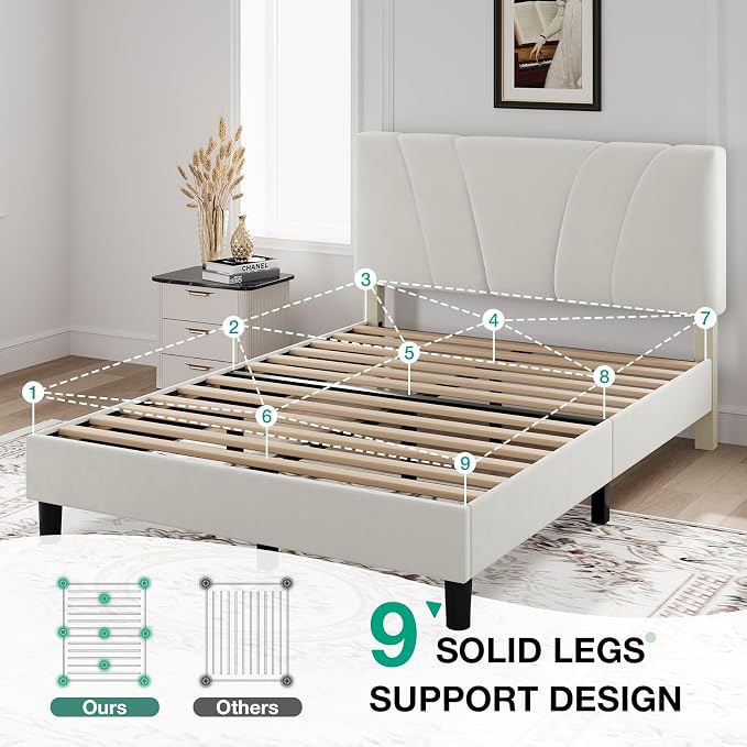 Novilla Full Size Bed Frame with Headboard, Full Bed Frame with Wooden Slats Support, Velvet Upholstered Headboard, No Box Spring Needed, Heavy Duty Feet, Easy Assembly, White Velvet