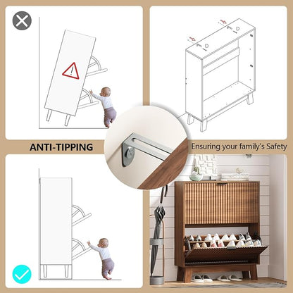 Shoe Cabinet Storage for Entryway with 2 Flip Drawers, Fluted Narrow Shoe Organizer with Wooden Legs, Freestanding Slim Shoe Storage Hidden Shoe Rack Organizer for Front Door Entrance, Walnut