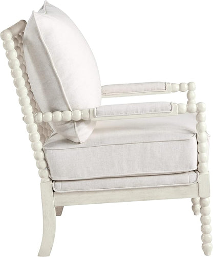 OSP Home Furnishings Kaylee Spindle Accent Chair with Antique White Wood Frame, White Linen Fabric