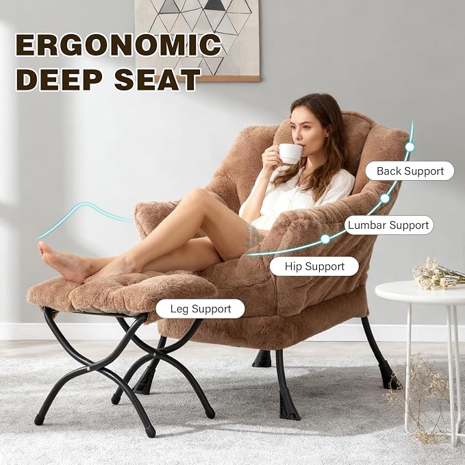 Lazy Chair with Ottoman, Modern Accent Chair Lounge Leisure Sofa Chair with Armrests, Reading Chair and Folding Footstool for Living Room, Bedroom, Office, Plush Brown