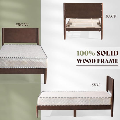 AMERLIFE Solid Wood Twin Bed Frame, Mid Century Modern Platform Bed with Full Panel Headboard, Noise-Free & Cylindrical Legs, No Box Spring Needed, Under-Bed Storage, Dark Walnut