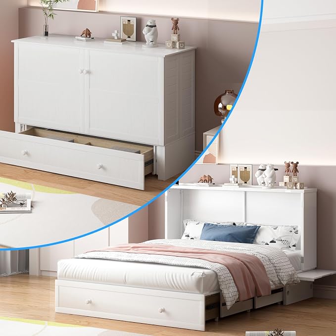 PUREMIND Queen Murphy Bed Cabinet, Murphy Bed with Mattress Included, Storage Drawer and Bedside Panel, Built-in Charging Station, Solid Wood Space-Saving Wallbed Hideaway Beds for Guest Room