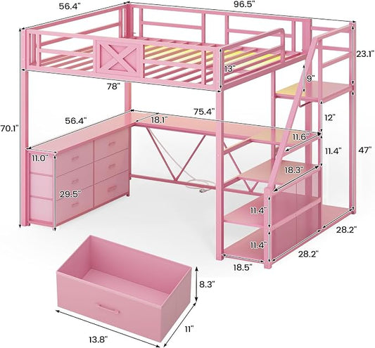 Itaar Full Size Loft Bed with Desk and Storage Stairs, Metal Loft Bed with 6 Storage Drawers, Hall Tree, LED Lights and Power Outlet, for Kids, Teens, Adults, Pink