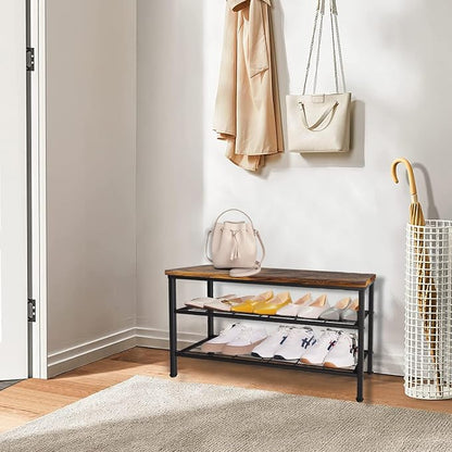 3-Tier Metal Shoe Rack with Wood Top - Durable & Space-Saving Shoe Organizer,Industrial Shoe Organizer Shelf Bench Storagefor Closet Entryway, Bedroom & Hallway - Bronze + Black 28.5 W × 18" H