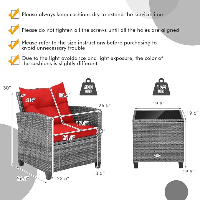 COSTWAY 3PCS Patio Furniture Set, PE Rattan Wicker Sofa w/Washable Cushion and Coffee Table, Tempered Glass Tabletop, Outdoor Conversation Set for Balcony, Porch, Yard, Backyard, Lawn, Red