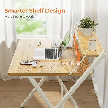 GreenForest Portable Small Desk No Assembly, 2-Tier Compact Computer Desk with Shelf, Space Saving Foldable Table for Home Office, Bedroom or Apartment, Portable Collapsible Sturdy Laptop Desk, Oak