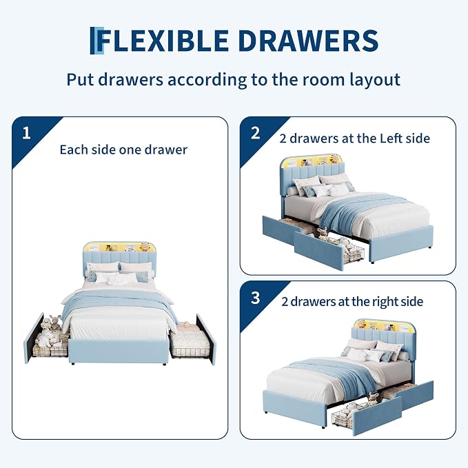 Garvee Twin XL Size Bed Frame with 2 Flexible Drawers, Upholstered Platform Bed Frame with Bookcase Headboard and LED Lights, Kids Bed for Boys, Easy Assembly, Noise Free, Blue